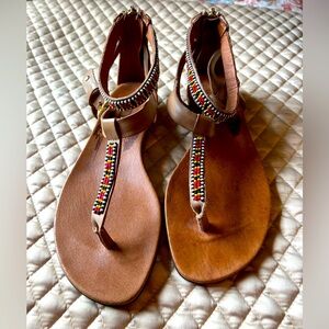 Pikolinos Beaded Ankle Strap Thong Tan Sandal, Size 37, US 6.5 to 7